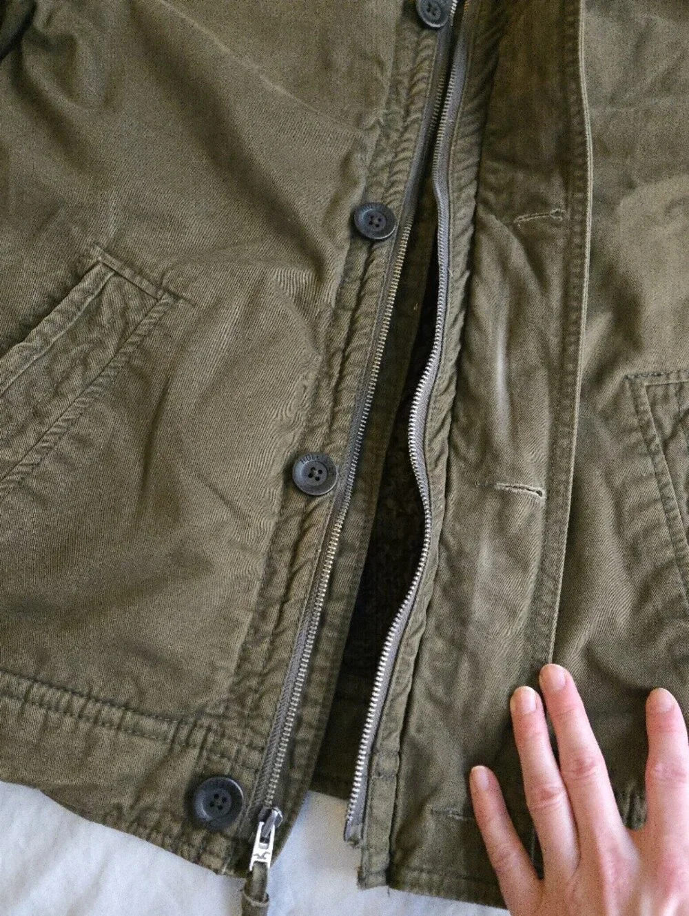 Hollister Olive Green Military Field Jacket Sherpa Lined Button Front MKY